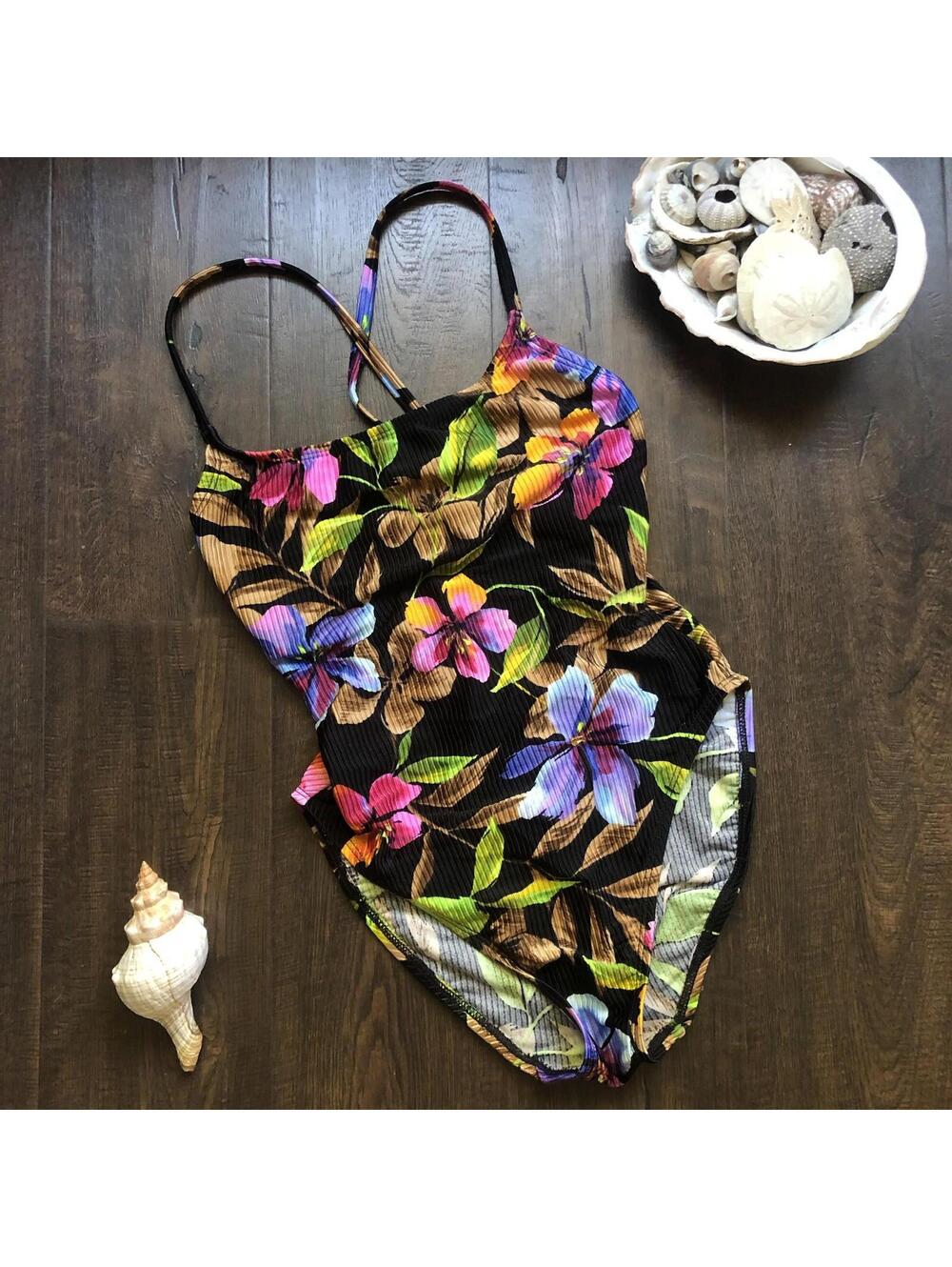 Vintage Hawaiian Tropical Print One Piece 90s Catalina Floral Swimwear Medium